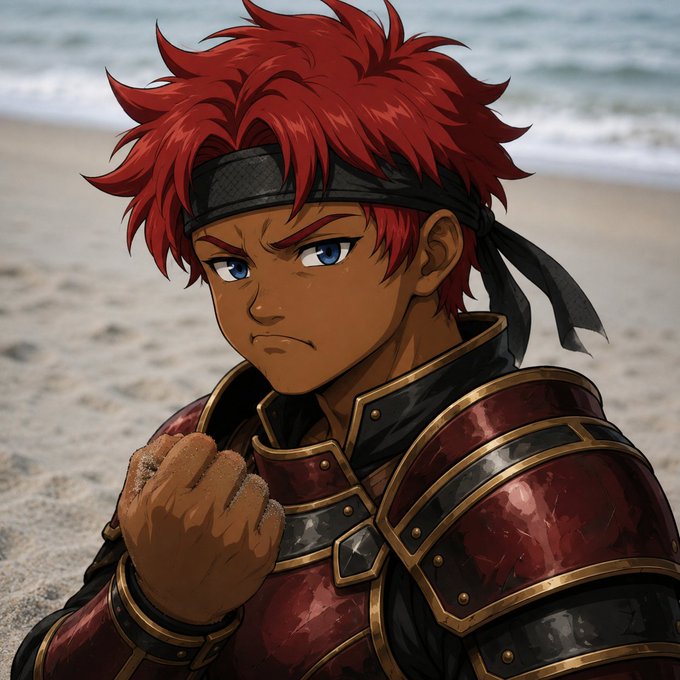 An anime-style illustration of a tanned, red-haired warrior with blue eyes wearing dark red and gold armor, kneeling on a sandy beach with a serious expression.