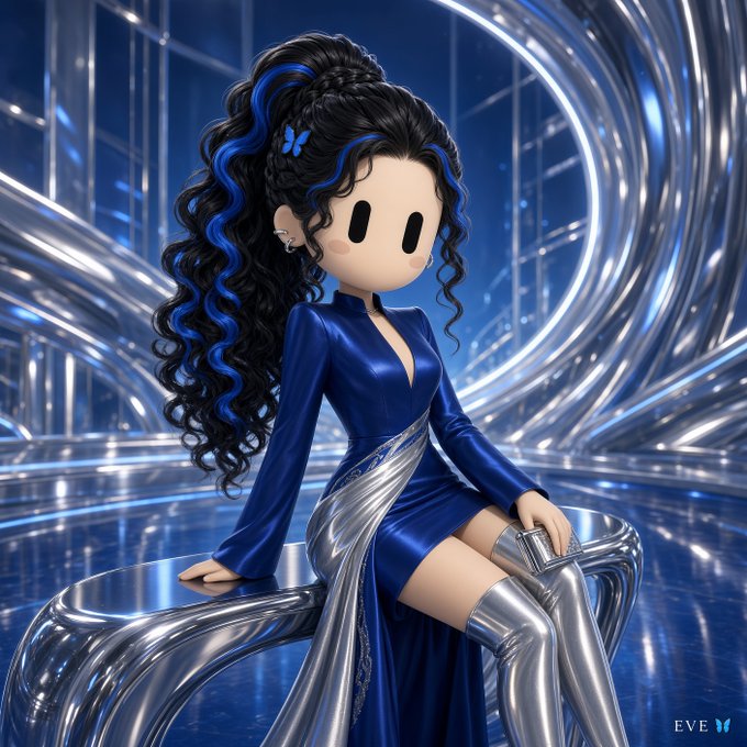 A stylized 3D animated character of a girl with long curly black hair streaked with blue, wearing a metallic blue dress and silver knee-high boots, sitting on a curved silver bench in a futuristic blue-lit environment.