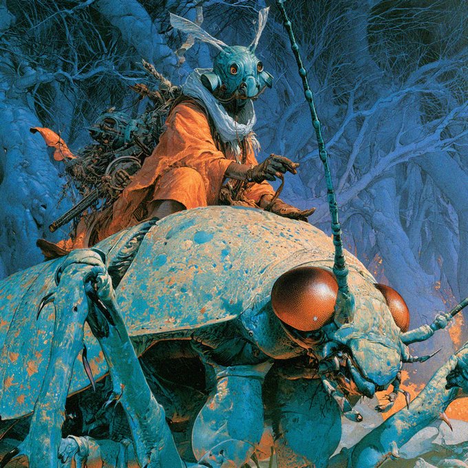 A vibrant fantasy illustration depicts a humanoid insectoid creature in orange robes riding a large blue beetle-like mount through an otherworldly blue forest landscape.