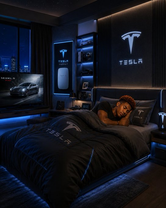 A young man sleeping in a Tesla-branded bedroom, with the room featuring Tesla logos on the wall and bedding, model car displays, and neon lighting.