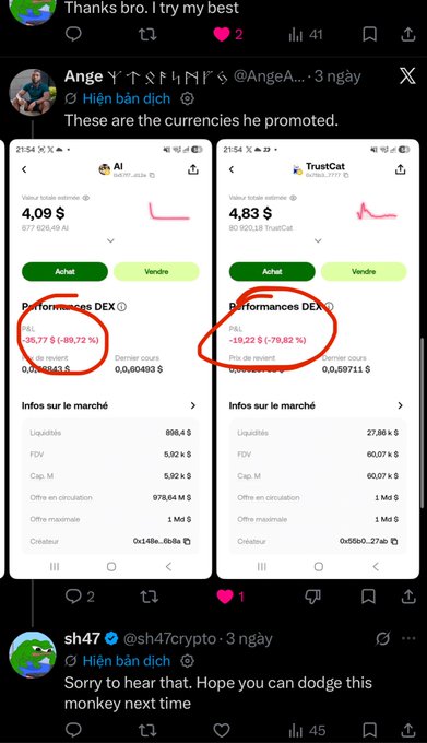 A social media post showing screenshots of TrustCat cryptocurrency performance with -89.72% and -79.82% drops circled in red, posted by @sh47crypto.