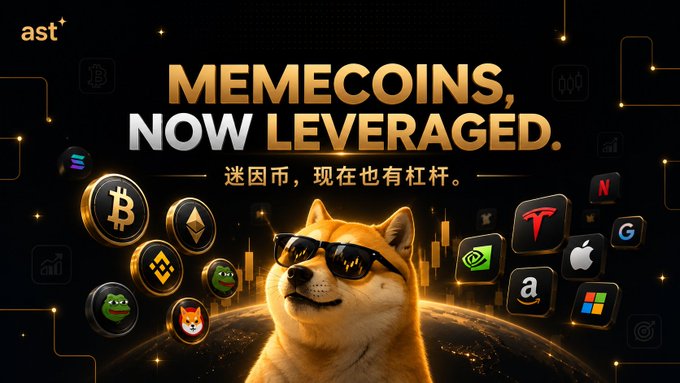 A promotional graphic reading 'MEMECOINS, NOW LEVERAGED.' featuring a Shiba Inu dog wearing sunglasses alongside cryptocurrency icons and stock market app logos.