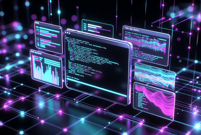 An abstract digital illustration showing multiple floating screens displaying code, data visualizations, and bar graphs against a neon purple and blue grid background.