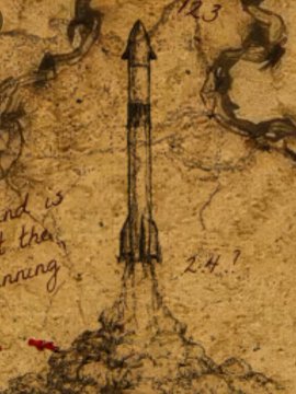 The image features an illustration of a rocket ship, which appears to be flying through the air with smoke coming out of its nose. The rocket is depicted as being black and white, giving it a vintage or artistic appearance. The background of the image is a map that has been drawn on using ink, adding depth and context to the scene. The post in the image asks "Can you guess where in the map fuzzy is?". This implies that there might be an element of mystery or ambiguity surrounding the location depicted in the illustration, possibly related to the rocket ship's trajectory or origin.