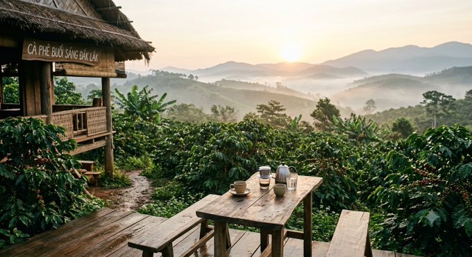 A scenic view of a wooden cabin with a sign reading 'CÀ PHÊ BUÔN SÔNG BẢN LÁK' overlooking a lush green coffee plantation in a misty, mountainous landscape at sunrise.