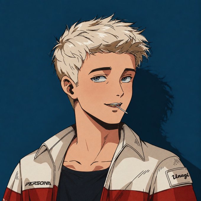 An anime-style digital illustration of a young man with messy blonde hair and blue eyes, wearing a red and white jacket with 'PERSONA' and 'Unagi' patches, holding a stick in his mouth.