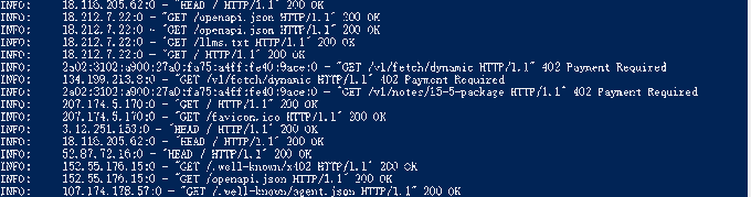 Server log output showing HTTP requests with various status codes (200 OK, 402 Payment Required) from different IP addresses accessing endpoints like /favicon.ico, /api/, and /welcome/.