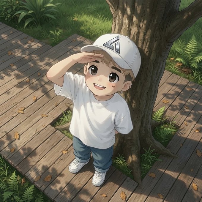 An anime-style illustration of a young boy wearing a white t-shirt, gray pants, and a white backwards cap, standing on a wooden deck and shielding his eyes as he looks up at a tree.