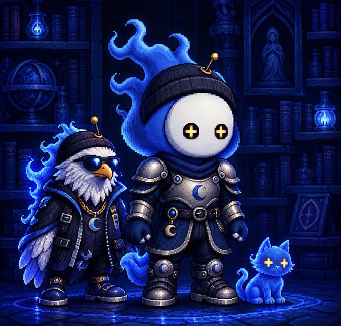 Stylized digital artwork of an owl character in sunglasses and armor, a white ghost-like knight figure, and a glowing blue cat, all set in a mystical library scene.