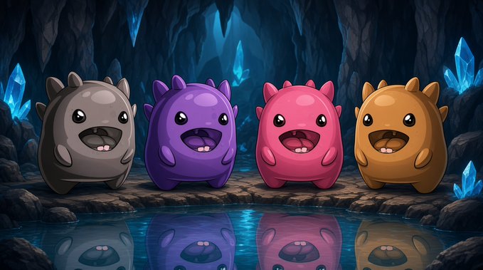A cartoon illustration of four colorful horned monster characters (gray, purple, pink, and orange) standing in a cave with blue crystals, their reflections visible in the water below.