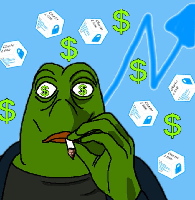 A cartoon 'money-eyed Pepe the Frog' holding a pencil, with dollar signs in his eyes and a rising blue arrow, surrounded by floating 'Chain Link' documents and dollar symbols on a light blue background.