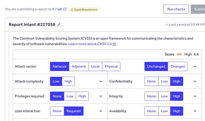 A CVSS vulnerability reporting interface (Report Intent #227058) showing a high severity score of 8.8, with Attack Vector set to Network and all impact metrics set to High.