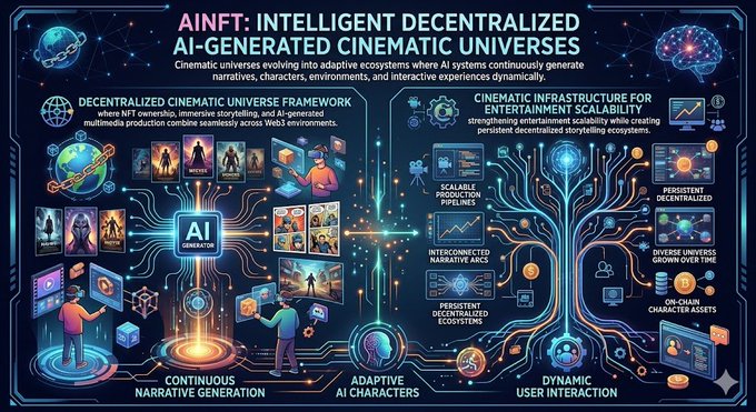 The image features a large poster or infographic that explains the concept of intelligent decentralized AI-generated cinematic universes (AIUG). The poster displays various elements related to this concept, such as characters, environments, and interactive experiences. It also includes text that connects these elements to the idea of AIUG. The poster is predominantly blue in color with some purple accents, creating a visually appealing contrast against a brown background.