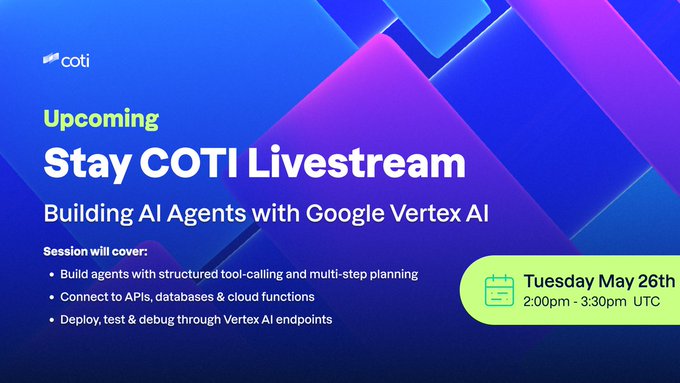 The image features a blue banner with purple squares, which appears to be an advertisement for a webinar or online event. The text on the banner reads "Upcoming Stay COTI Live Stream", indicating that there will be a scheduled live stream of the event. The date and time are also provided in the caption below the banner, suggesting that the event is taking place at a specific time.