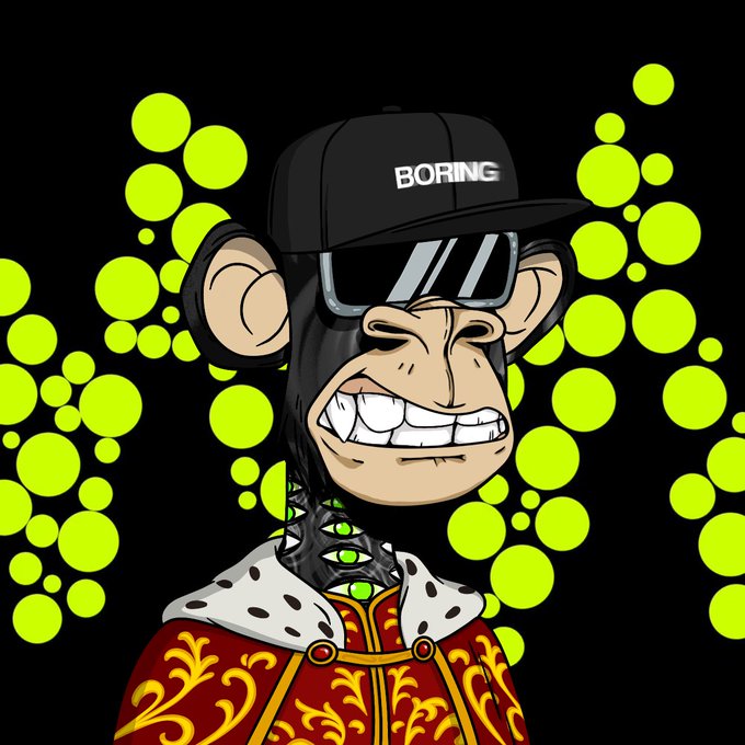 A Bored Ape Yacht Club NFT character wearing a 'BORING' cap and sunglasses, a gold crown, and a royal red robe against a background of green dots.