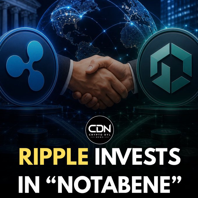 The image features a handshake between two hands in suits, flanked by the Ripple (XRP) logo on the left and another cryptocurrency logo on the right, with a digital globe and network connections in the background. A banner at the bottom reads "RIPPLE INVESTS IN 'NOTABENE'" alongside the CDN (CryptoDyl News) logo, visually reinforcing the post's announcement of Ripple's investment in the Notabene company.