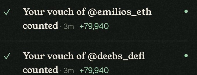 A screenshot shows two confirmation notifications displaying "Your vouch of @emilios_eth counted · 3m +79,940" and "Your vouch of @deebs_defi counted · 3m +79,940," corresponding to the user's post about receiving their 80,000 vouch points for both accounts after voting.