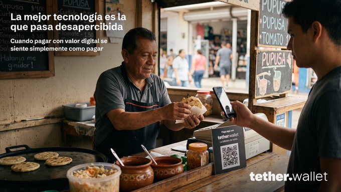 A man hands a pupusa to a customer using a "tether.wallet" QR code payment system at a local Salvadoran food stand, illustrating how crypto payments like Bitcoin or USD₮ have become seamlessly integrated into everyday commerce in El Salvador.