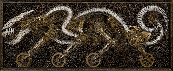 An ornate steampunk-style dragon sculpture with exposed gears, mechanical details, and a skeletal metallic spine against a dark textured background.