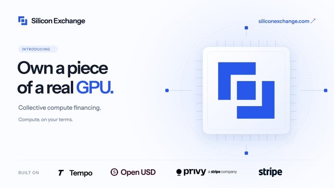 The landing page features Silicon Exchange's bold "Own a piece of a real GPU" tagline alongside their tagline "Collective compute financing. Compute, on your terms," with partner logos at the bottom including Tempo, Open USD, and Stripe, visually reinforcing the post's announcement of a new AI infrastructure financing model.