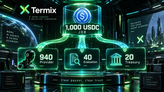 A digital promotional graphic for 'Termix' showing a distribution of '1,000 USDC JOB' split into '940 Provider', '40 Evaluation', and '20 Treasury', with text like 'A FAIRER ECONOMY' and 'BUILDING THE OPEN AGENT ECONOMY'.