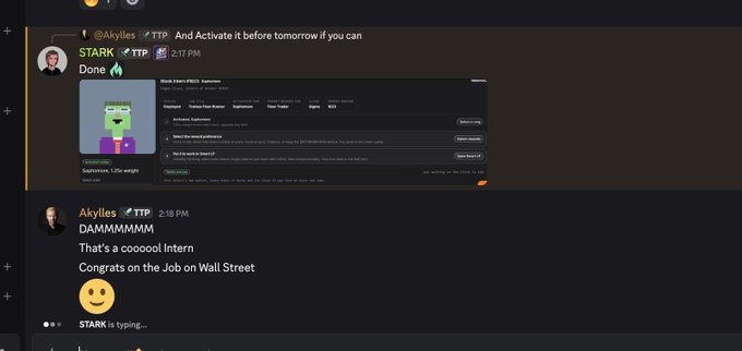 A Discord chat conversation between users @Akylles and STARK features messages like 'TTP. And Activate it before tomorrow if you can', 'DAMMMMM', and 'That's a cooool Intern Congrats on the Job on Wall Street', alongside a Pepe the Frog meme image indicating 'Interning @pepe_inc' and an offer letter acceptance screenshot.