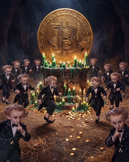 A dark, theatrical scene shows formally dressed children dancing around a mound of gold coins and green candles beneath a giant Bitcoin coin. The prominent “₿” symbol and surrounding partially legible text including “DIGITAL” and “DECENTRALIZED” visually reinforce the caption “QUANTUM PROOFING BITCOIN.”