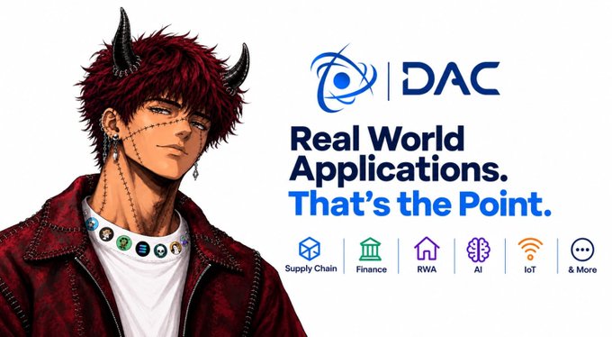 An anime-style illustration of a character with red hair and horns next to the "DAC" logo with the text "Real World Applications. That's the Point." and icons for Supply Chain, Finance, RWA, AI, IoT, & More.