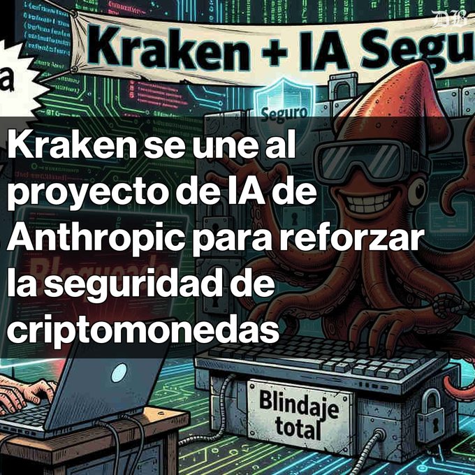 A Spanish-language news graphic titled 'Kraken + IA Segura' featuring a cartoon octopus wearing sunglasses at a keyboard labeled 'Blindaje total', with text stating 'Kraken se une al proyecto de IA de Anthropic para reforzar la seguridad de criptomonedas'.