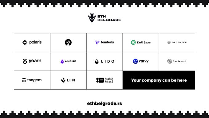 A graphic for ETH Belgrade showing sponsor logos including polaris, tenderly, DeFi Saver, DECENTER, yearn, AMBIRE, LIDO, curvy, GedeRock, tangem, LI.FI, and Stable School, with the text 'ethbelgrade.rs'.