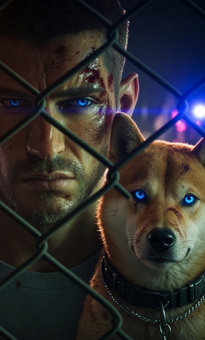 A cinematic close-up of a bruised man with glowing blue eyes alongside a Shiba Inu dog, both viewed through a chain-link fence with police lights in the background.