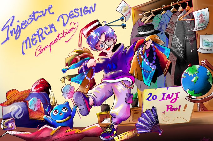 A character with purple hair and glasses models an eclectic mix of Injective-branded merchandise—including a coffee cup, t-shirt, and accessories—while a handwritten "Injective MERCH DESIGN Competition" title and a "20 INJ Pool!" sign promote the contest. The vibrant illustration visually captures the spirit of the post's call for diverse cultural and aesthetic merch designs with a 20 $INJ prize pool.