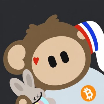 A cartoon monkey character with a red heart on its cheek is shown next to a gray rabbit character with X's for eyes, featuring a Bitcoin logo and an American-themed hat, set against a dark background.