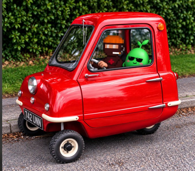 A small red three-wheeled car (license plate 742 UNN) parked on a road, featuring cartoon characters—a Minecraft-style figure driving and a green apple-like character wearing sunglasses—as passengers.