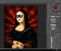 A screenshot of Adobe Photoshop displaying a digital artwork that reimagines the Mona Lisa with punk subculture aesthetics, featuring dark sunglasses, spiked bracelets, a black leather jacket, and a red spiked halo against a dark background. The canvas shows the painting in progress on the left with tool panels visible on the right, matching the post's description of "the punk mona" as a 1/1 piece blending classic art with underground energy.