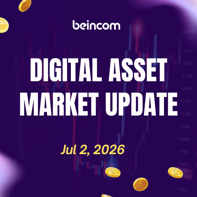 BeInCom Digital Asset Market Update dated July 2, 2026, displayed over a purple candlestick chart background with gold coins.