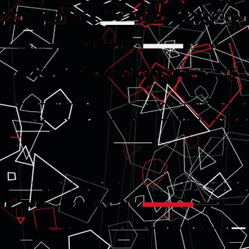 Abstract graphic with scattered white and red geometric line drawings and shapes against a black background.