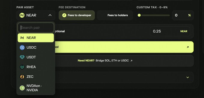 Cryptocurrency trading interface showing a 'PAIR ASSET' dropdown menu with options including NEAR, USDC, USDT, RHEA, ZEC, and NVDAon-NVIDIA, alongside fee destination settings.