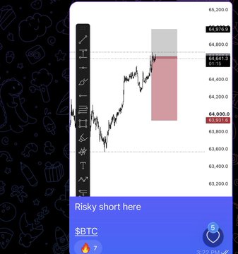 A mobile screenshot of a BTC price chart with a "Risky short here" annotation over a pink and grey short position zone, posted to celebrate another winning short trade shared in a private Telegram channel.