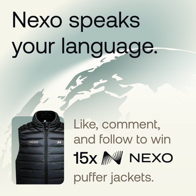 The image promotes a Nexo social media giveaway, featuring a black puffer jacket with the Nexo logo and headline "Nexo speaks your language," inviting users to "Like, comment, and follow to win 15x NEXO puffer jackets." The post caption expands on this by specifying that participants should drop a flag emoji for their last chance to enter before entries close at 23:59 CET.
