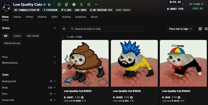 A webpage for 'Low Quality Cats' NFTs on Ethereum displays stats like '4,269' items and shows three unique cat NFTs, including a pooping cat, a spiky-haired cat, and a cat with a propeller hat.