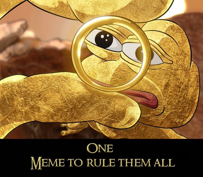 A golden parody-style illustration featuring a distorted face with a golden ring around one eye and a tongue sticking out, set against a mountainous background. Text at the bottom reads: 'ONE MEME TO RULE THEM ALL'.