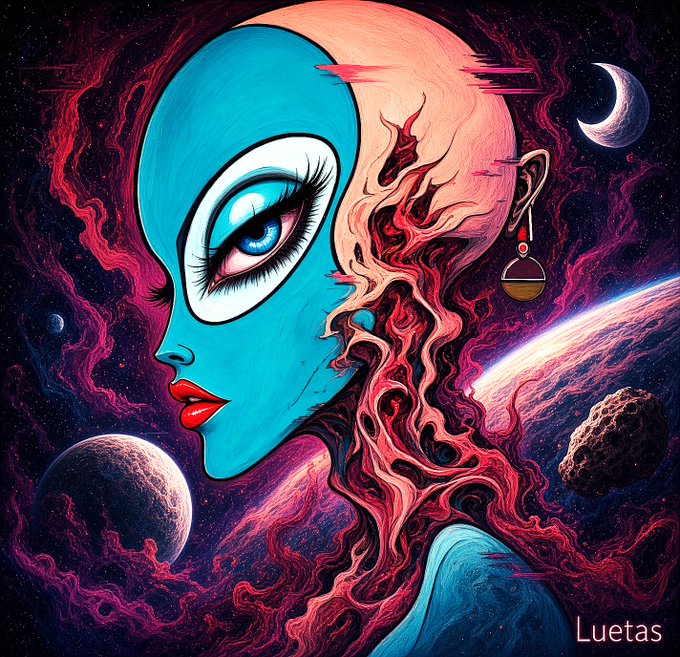 A vibrant digital artwork depicts a surreal blue-skinned female figure with an oversized eye, her flowing hair blending into cosmic red swirls amid planets, asteroids, and a crescent moon—capturing the otherworldly "INTERSTELLAR BEAUTY" theme. The artist's signature "Luetas" appears in the bottom right corner, linking the piece to the accompanying NFT listing.