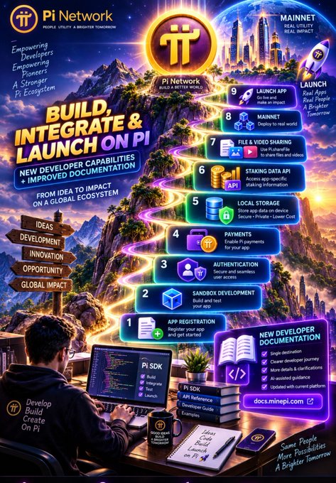 The image is a vibrant Pi Network promotional graphic titled "BUILD, INTEGRATE & LAUNCH ON PI," showcasing a numbered 9-step developer journey—starting with "App Registration" (1) through "Launch" (9)—alongside key tools like Pi SDK, API Reference, and Developer Guide, with text highlighting "NEW DEVELOPER CAPABILITIES + IMPROVED DOCUMENTATION." This visual aligns with the post's announcement of expanded developer tools by illustrating Pi's complete development pipeline and ecosystem enhancements for building, integrating, and launching apps on the Pi Network.