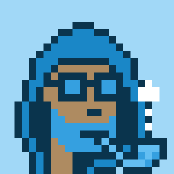 A pixel art portrait of a blue-hooded, glasses-wearing character holding a staff with a speech bubble, styled as a "Ripple Punk" NFT in keeping with the post's tags #xripplepunks and #ripplepunks celebrating a one-year community takeover.