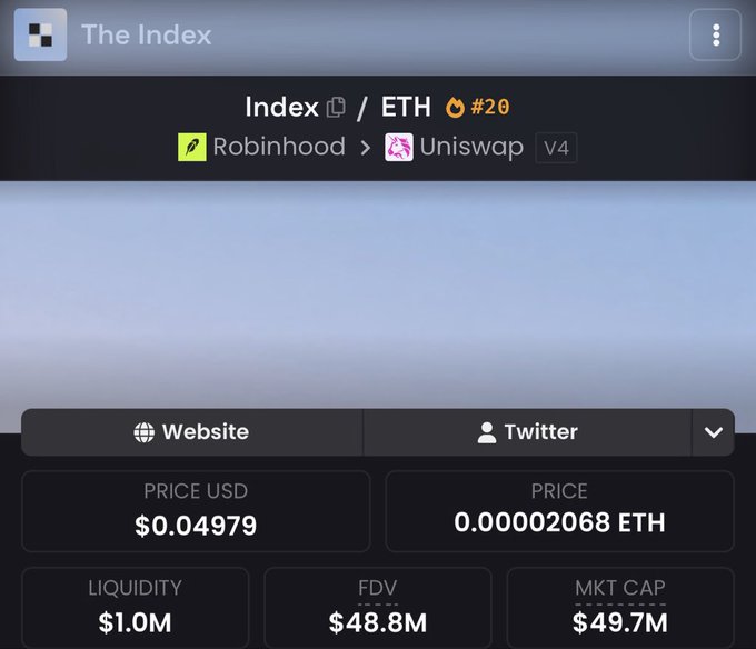 A screenshot of a cryptocurrency page for 'The Index' token (ranked #20) trading on Uniswap V4 on the Robinhood chain, showing a price of $0.04979 (0.00002068 ETH), $1.0M liquidity, $48.8M FDV, and $49.7M market cap.