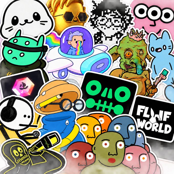 A colorful collage of various stickers featuring cartoon characters, a QR code, and text logos including 'FLUF WORLD' and a green robot face logo.