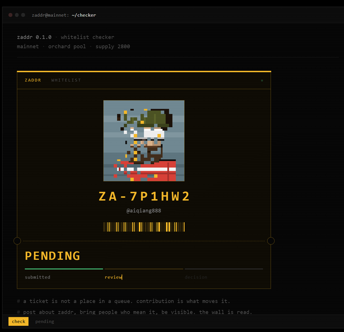 A 'zaddr WHITELIST' page shows a pixel art character with ID 'ZA-7P1HW2' belonging to '@aiqiang888' with a 'PENDING' status and a partially filled progress bar indicating submission review.