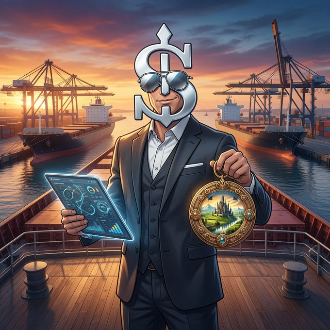 An illustrated figure with a dollar sign and anchor symbol for a head, wearing sunglasses and a suit, holding a tablet and a compass on a ship deck at sunset.