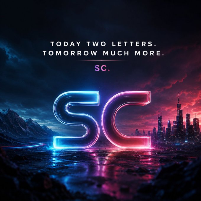The image features a poster with the words "SC" written in neon blue letters, surrounded by a mountain range at sunset. The sky above the mountains has pink and purple hues, creating a visually striking scene. The text "Today two letters, tomorrow much more." is also present on the poster.